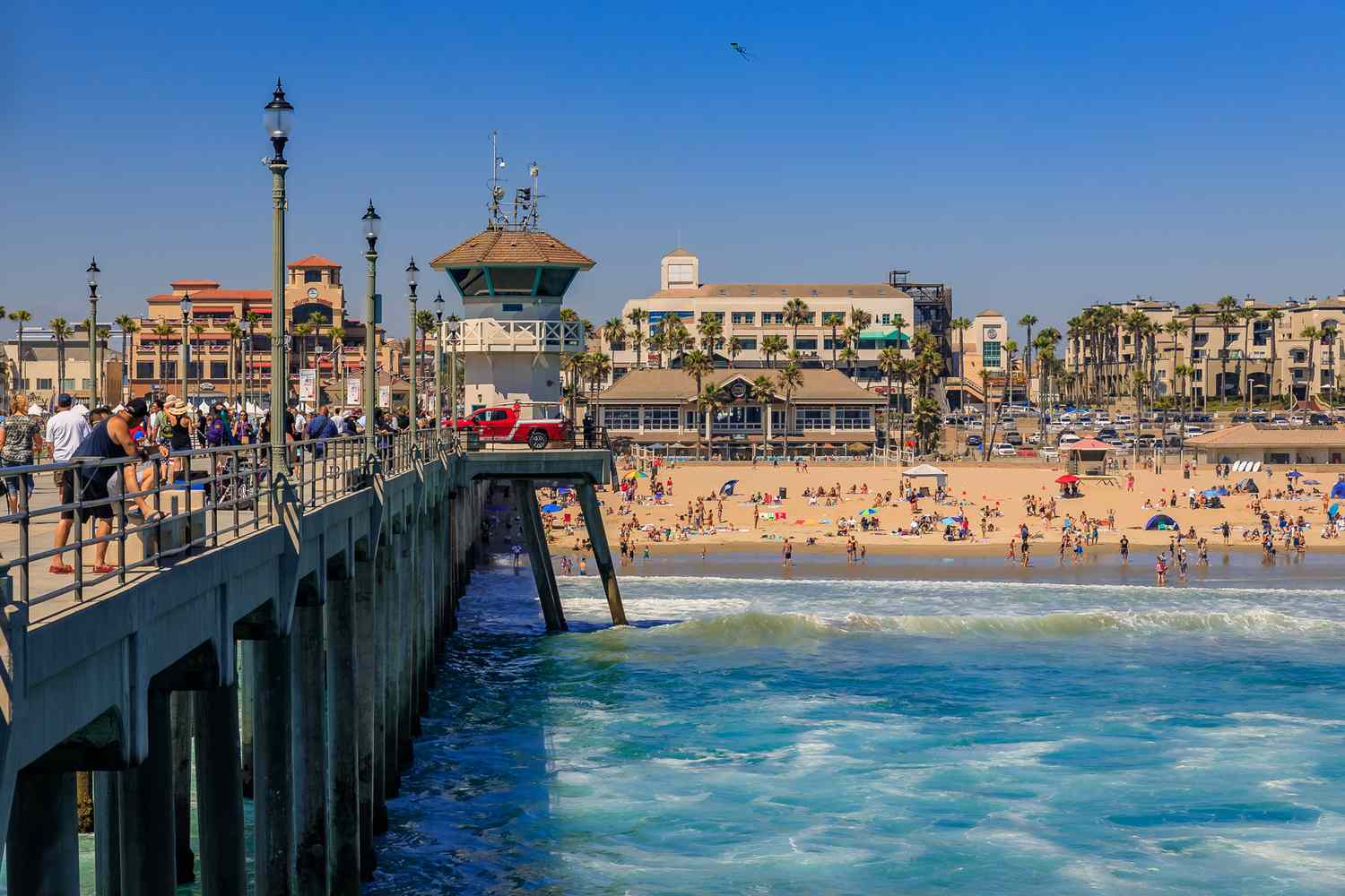 Aerial view of Huntington Beach's straight coastline and grid street pattern